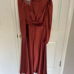 Elegant Rust Satin Dress - Hennin - Modazehrada - Modest Long Sleeve Dress